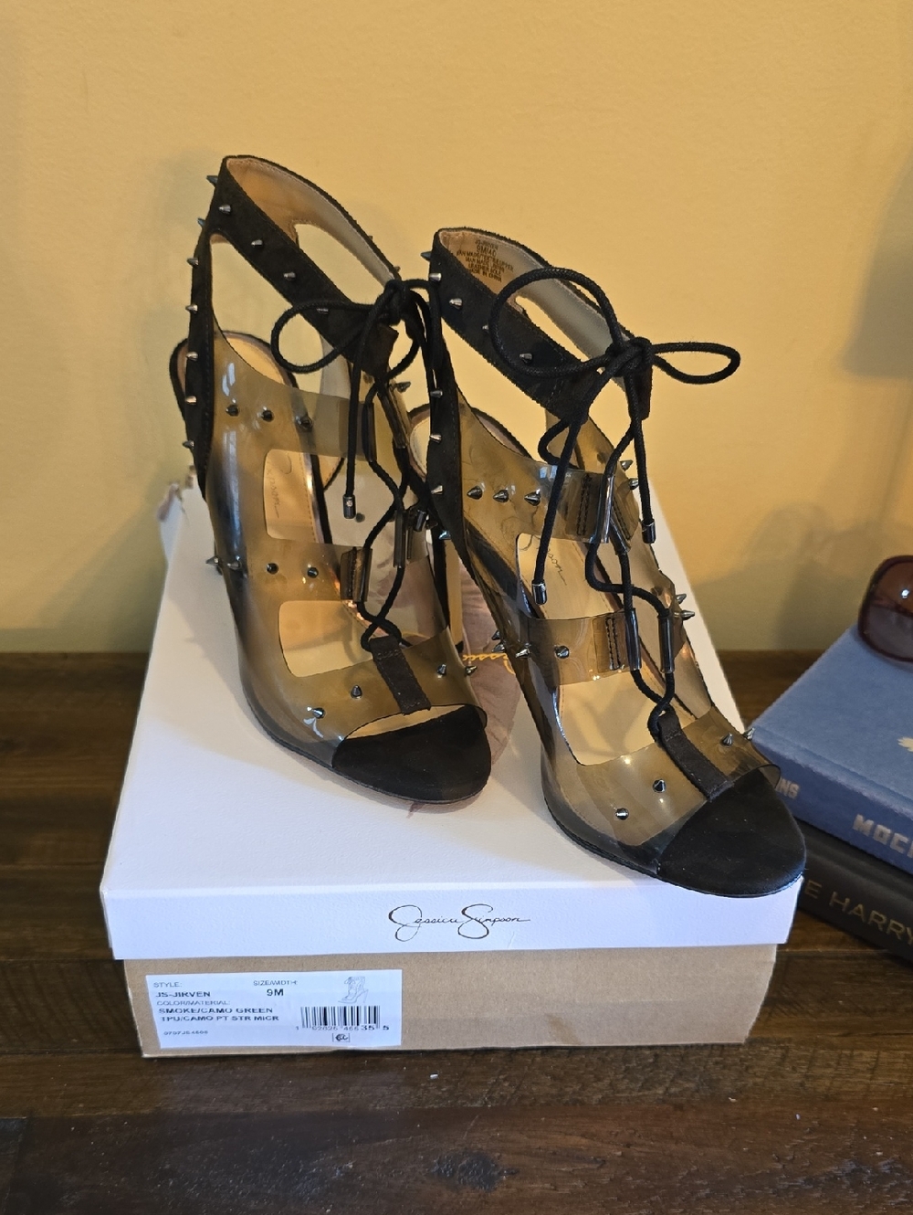 Jessica Simpson Jirven Studded Lace-Up Fabic and Jelly Stiletto  Heeled Sandals